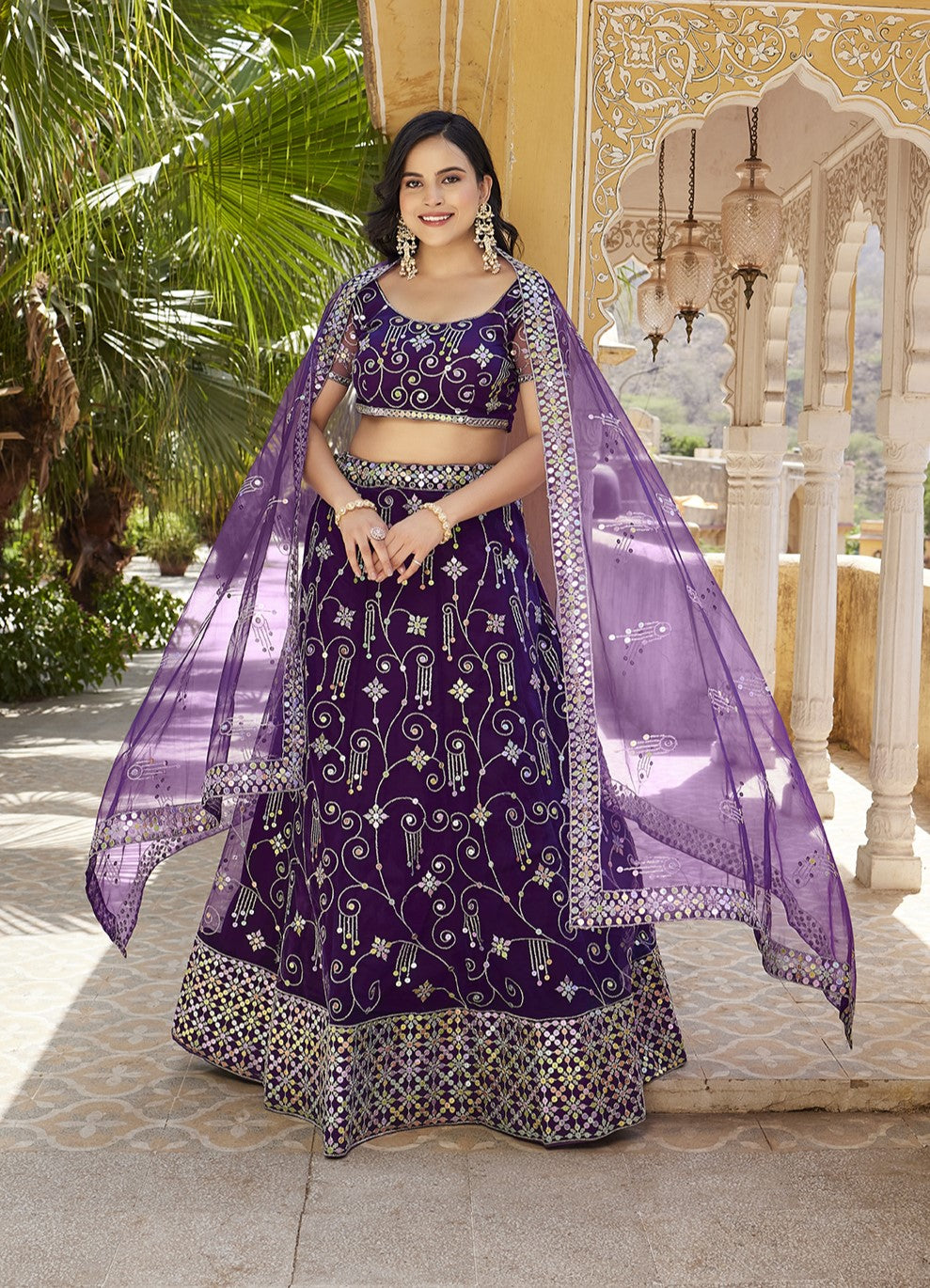 Purple Sequins Embroidered Net Lehenga Choli