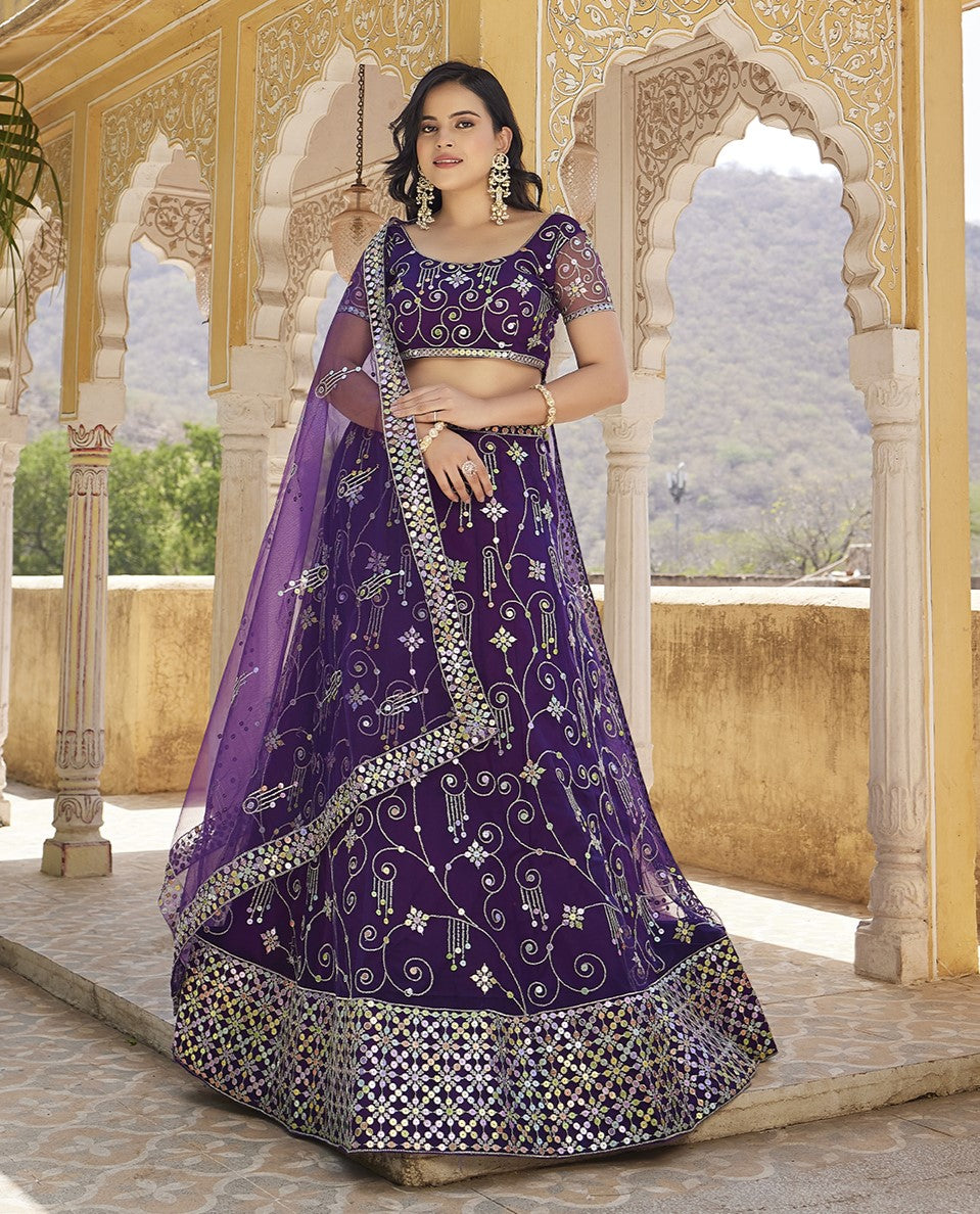 Purple Sequins Embroidered Net Lehenga Choli