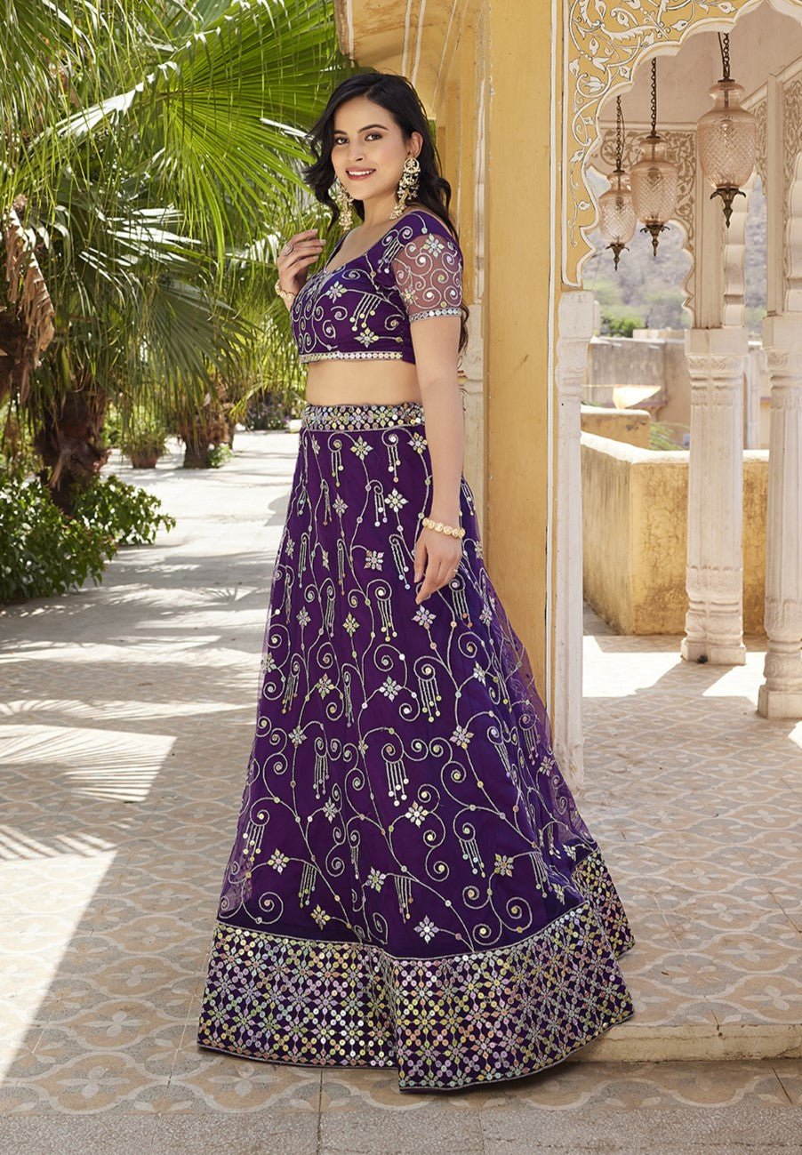 Purple Sequins Embroidered Net Lehenga Choli