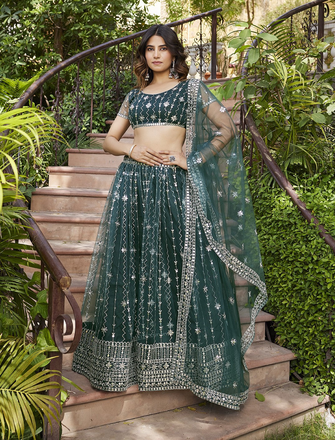 Fancy Green Soft Net Sequins Embroidered Lehenga Choli