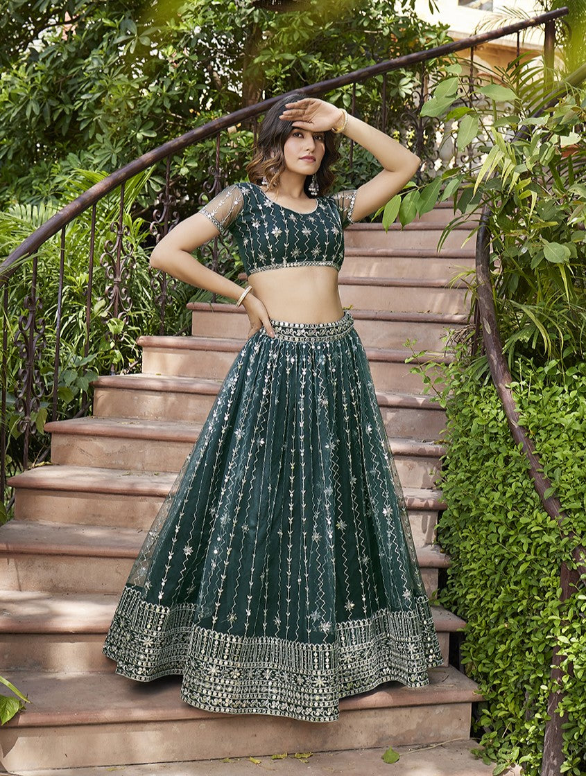 Fancy Green Soft Net Sequins Embroidered Lehenga Choli