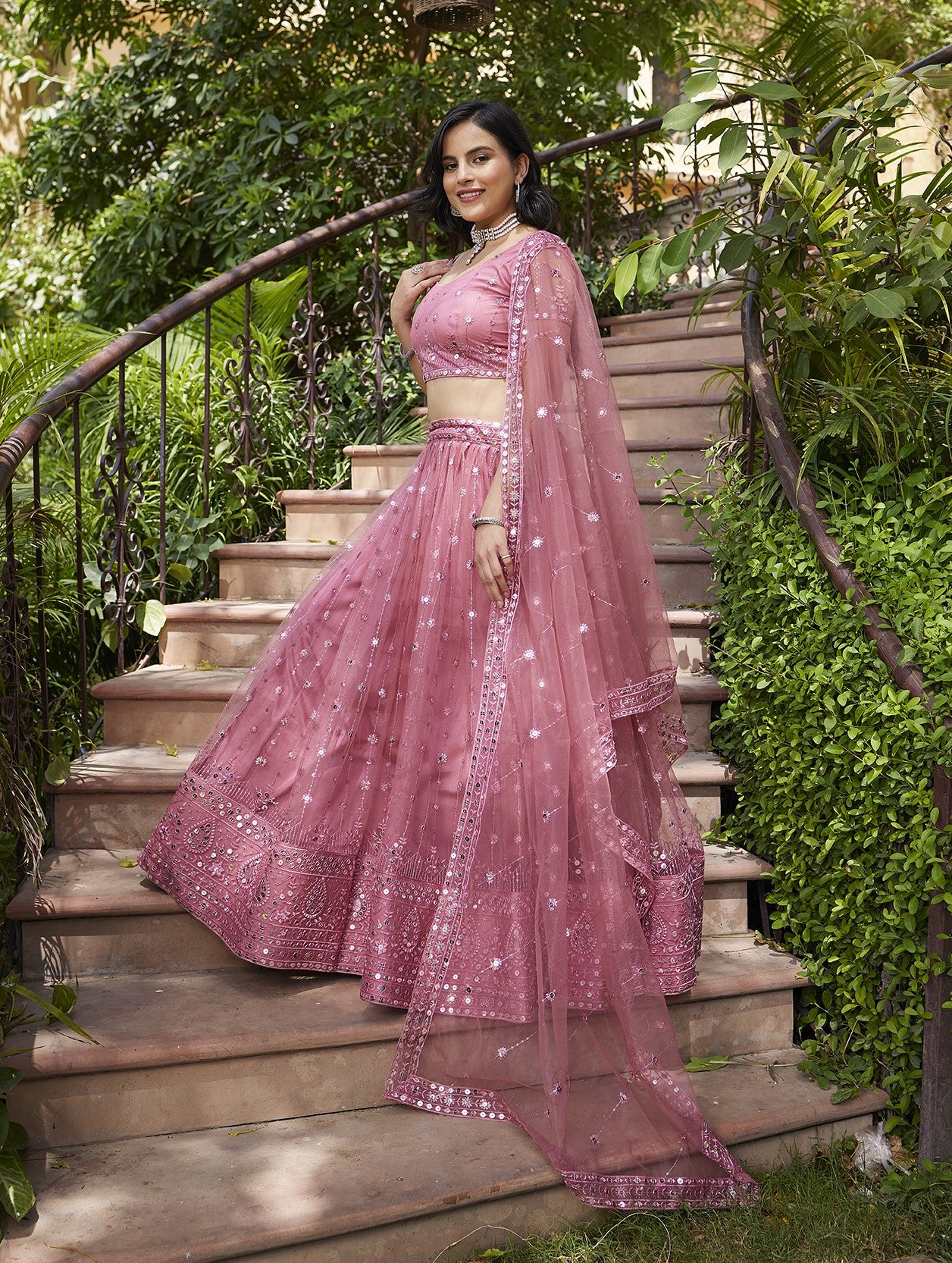 Fancy Pink Sequins Embroidered Net Lehenga Choli