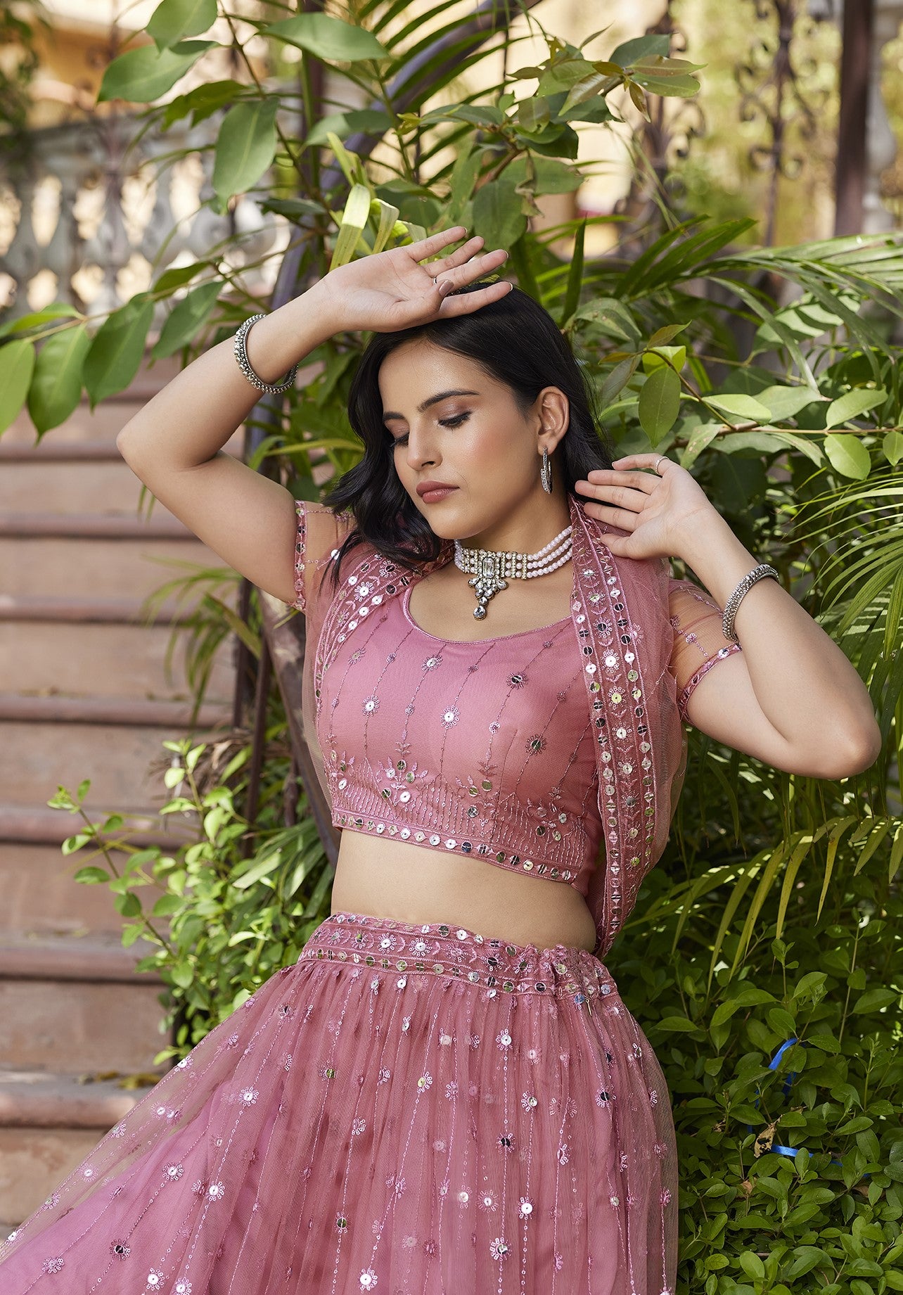 Fancy Pink Sequins Embroidered Net Lehenga Choli