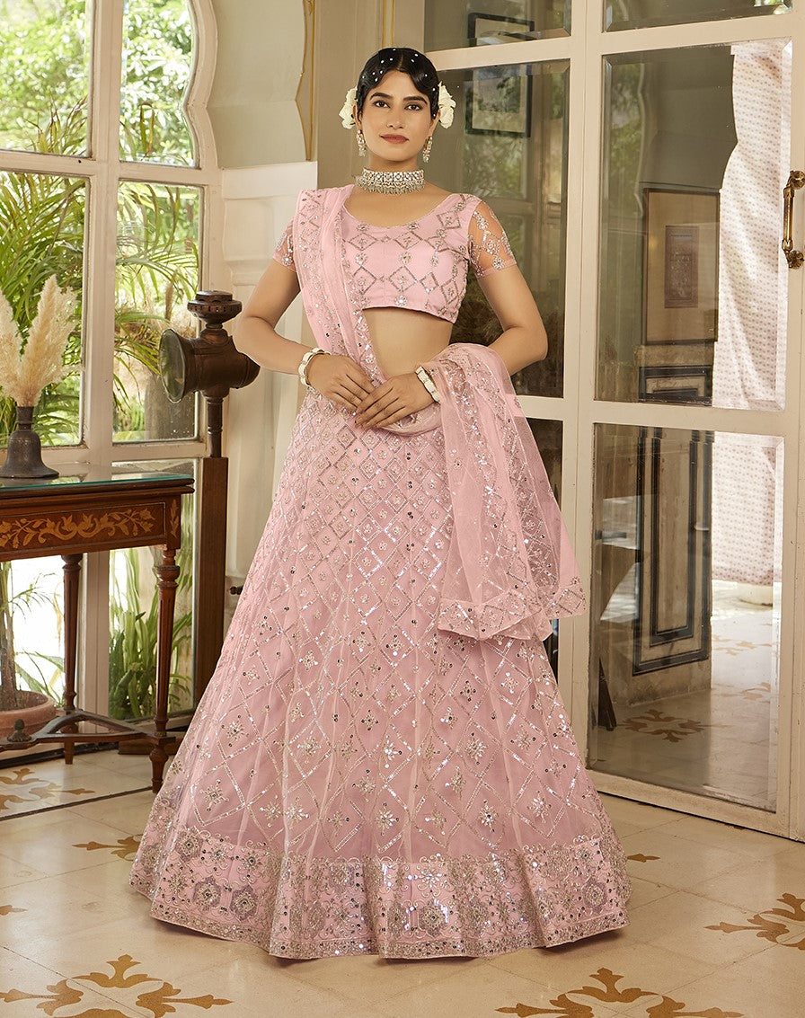 Baby Pink Sequins Embroidered Net Lehenga Choli