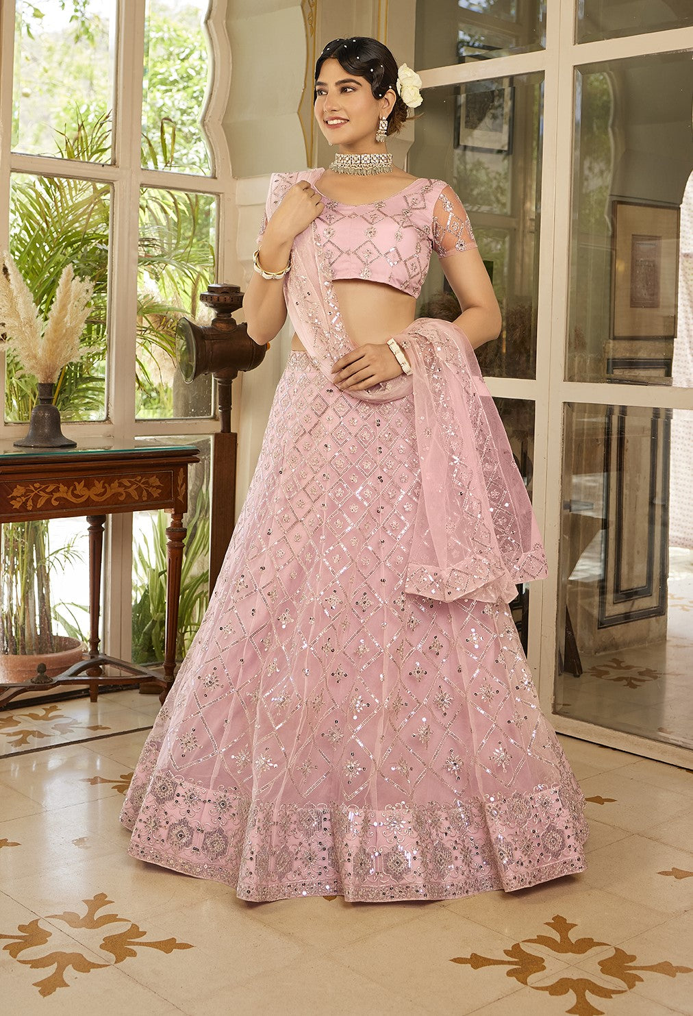 Baby Pink Sequins Embroidered Net Lehenga Choli