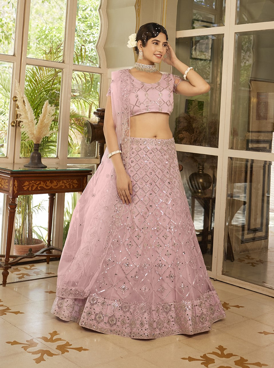 Baby Pink Sequins Embroidered Net Lehenga Choli