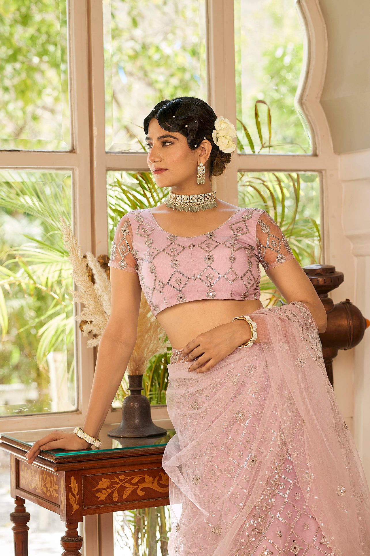 Baby Pink Sequins Embroidered Net Lehenga Choli