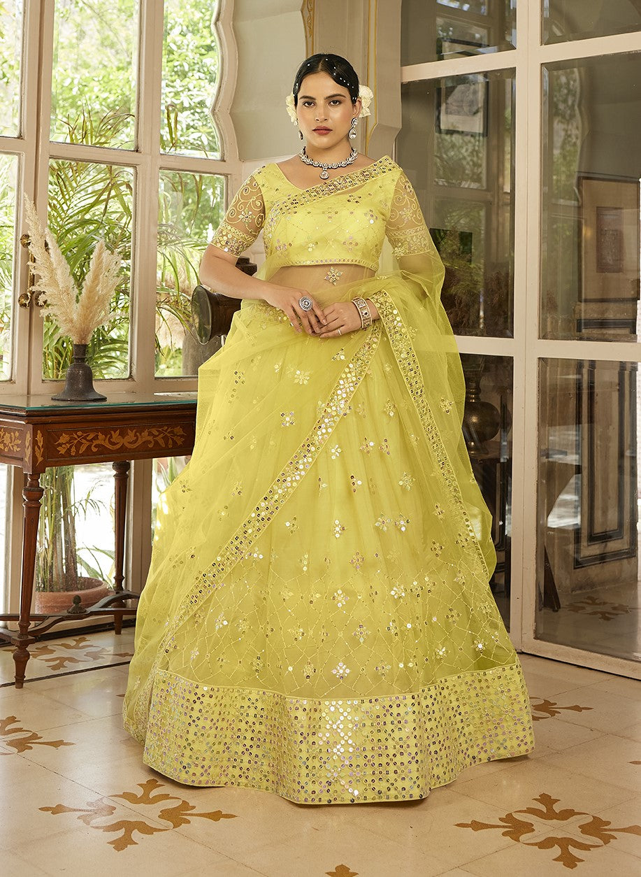 Light Yellow Sequins Embroidered Net Lehenga Choli