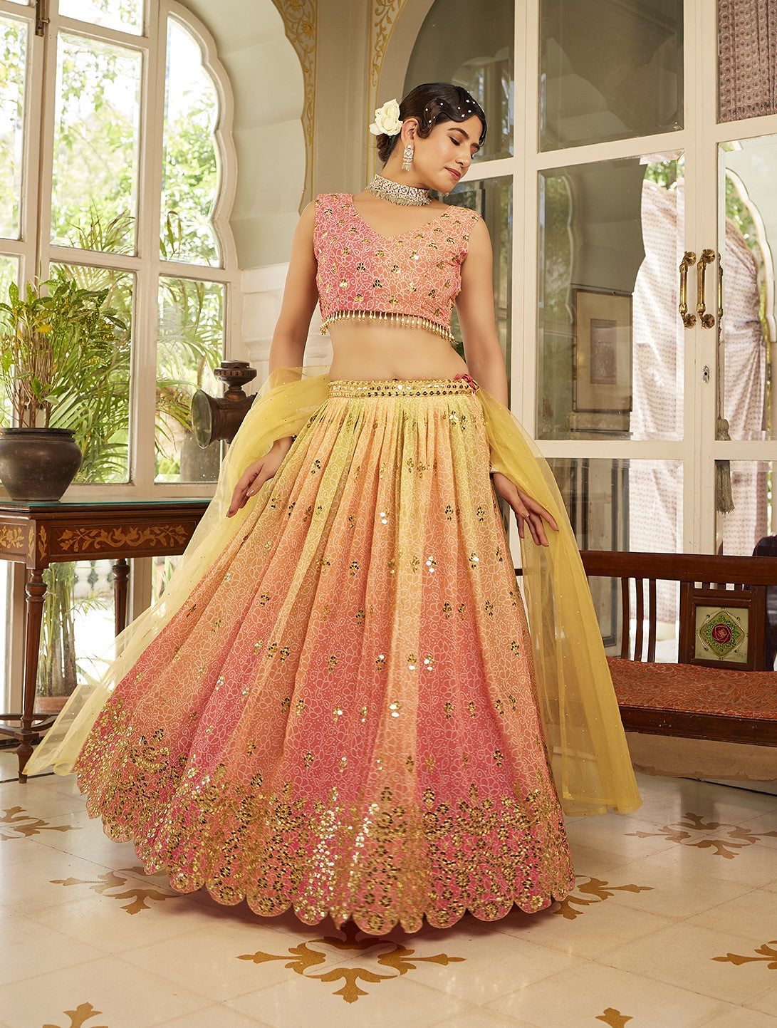 Pink & Yellow Sequins Embroidered Organza Silk Lehenga Choli