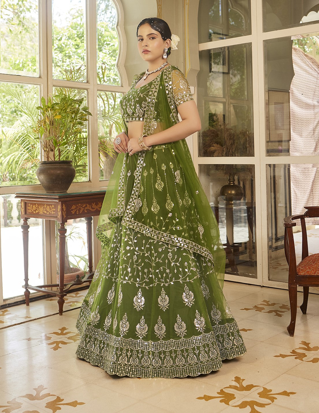 Olive Green Sequins Embroidered Net Lehenga Choli