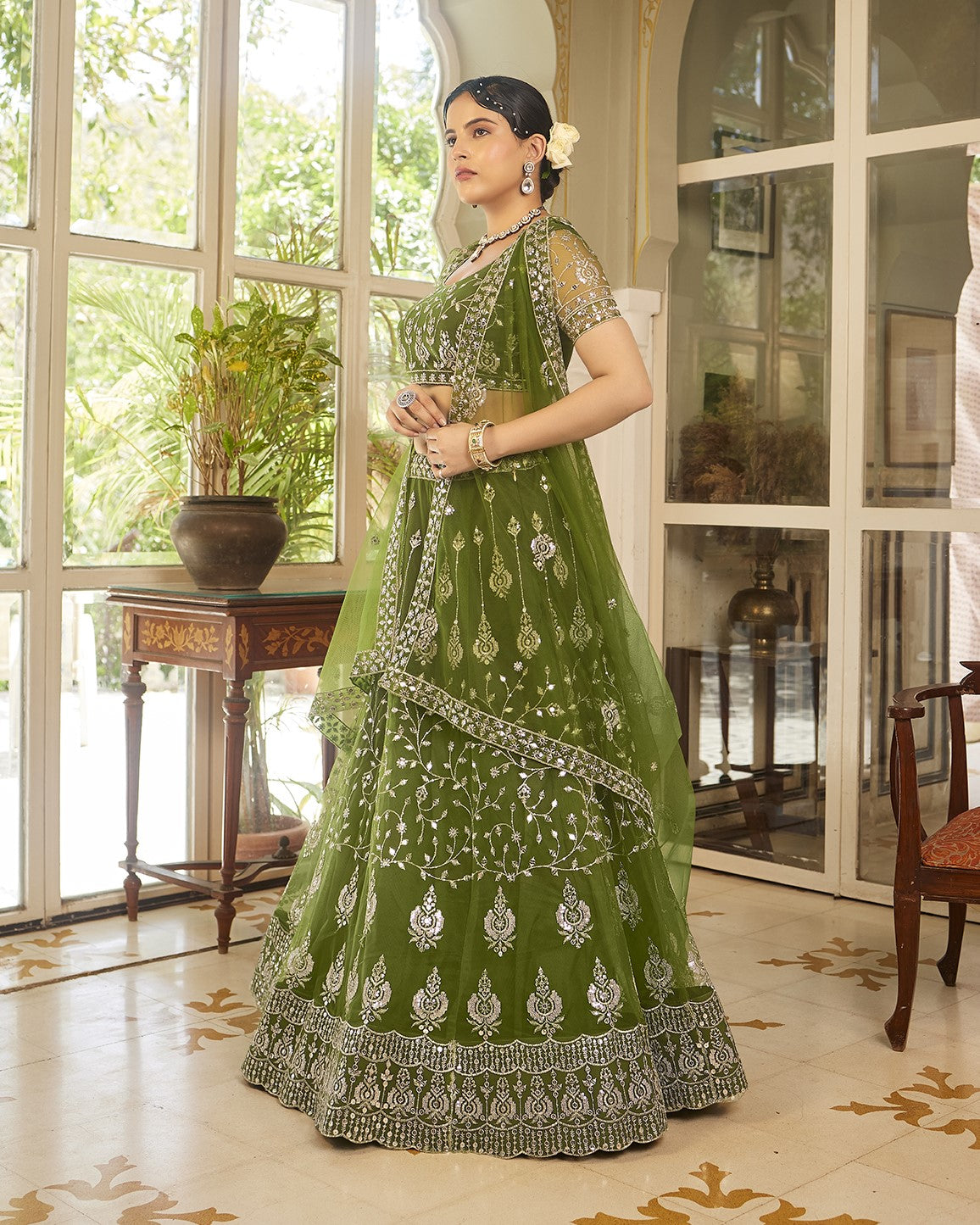 Olive Green Sequins Embroidered Net Lehenga Choli