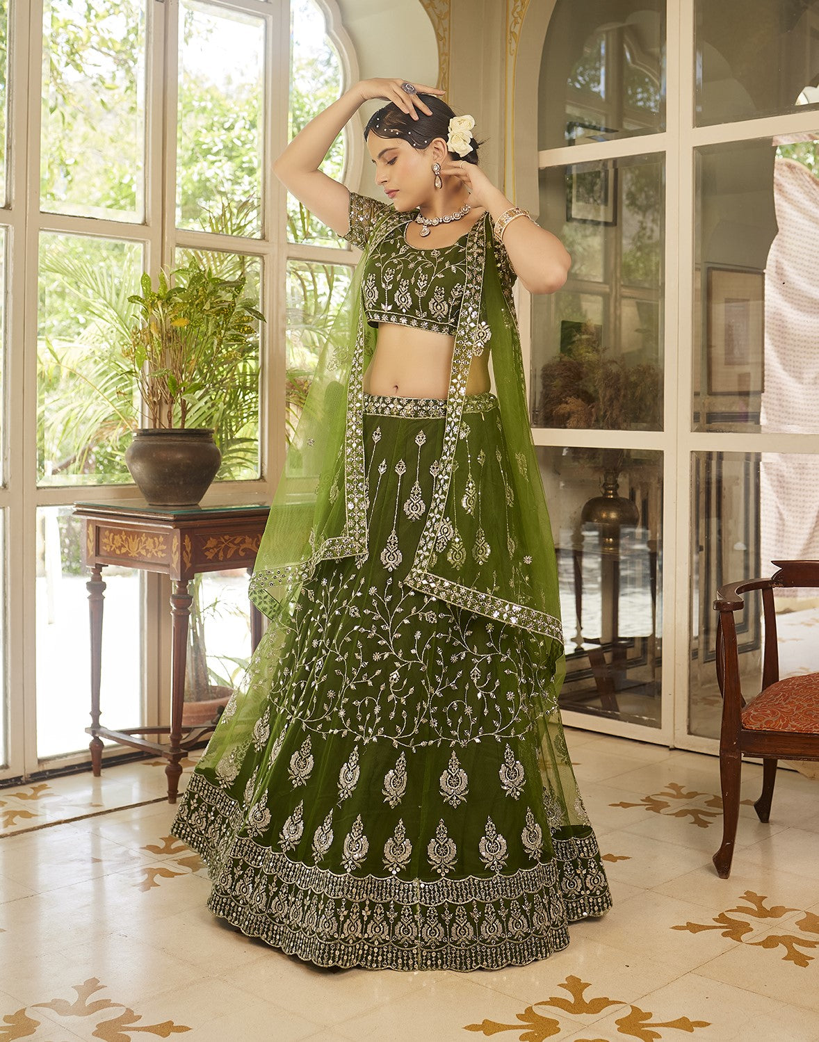 Olive Green Sequins Embroidered Net Lehenga Choli