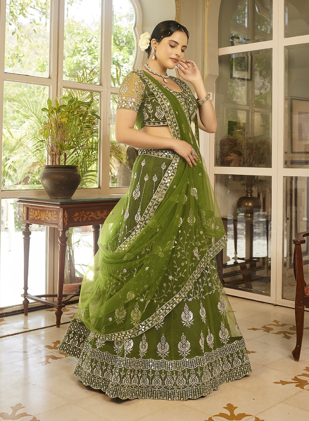 Olive Green Sequins Embroidered Net Lehenga Choli