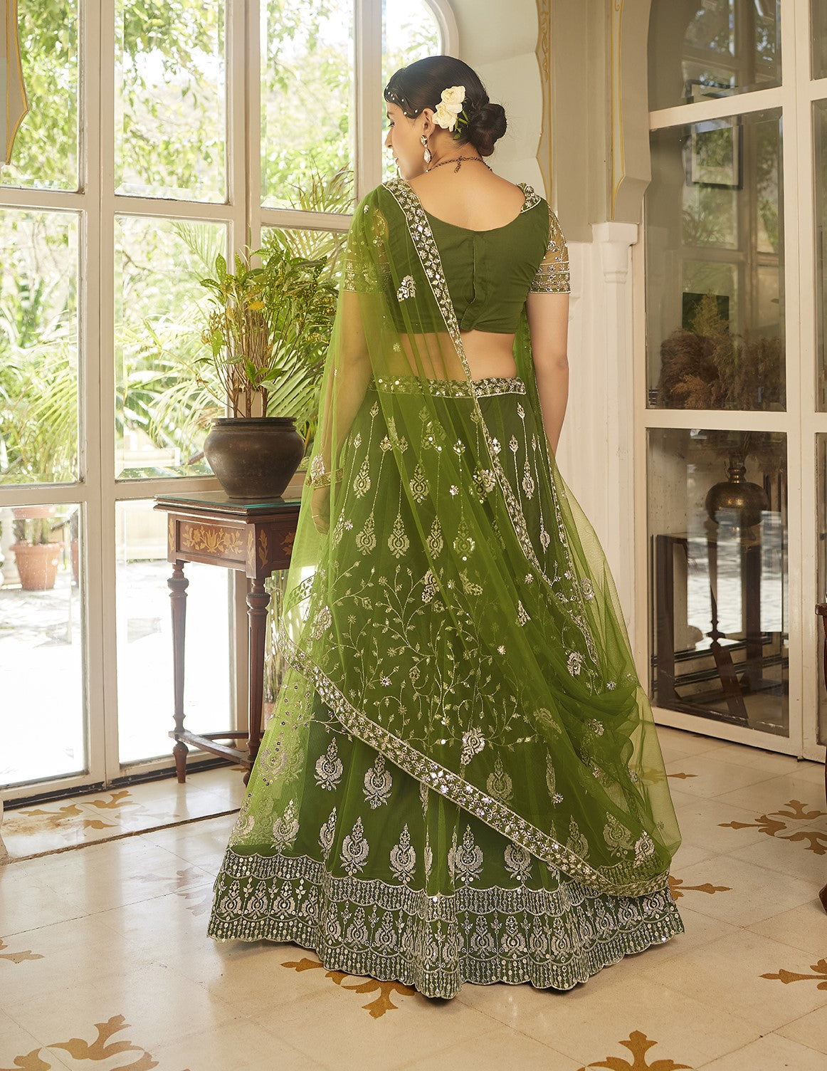 Olive Green Sequins Embroidered Net Lehenga Choli