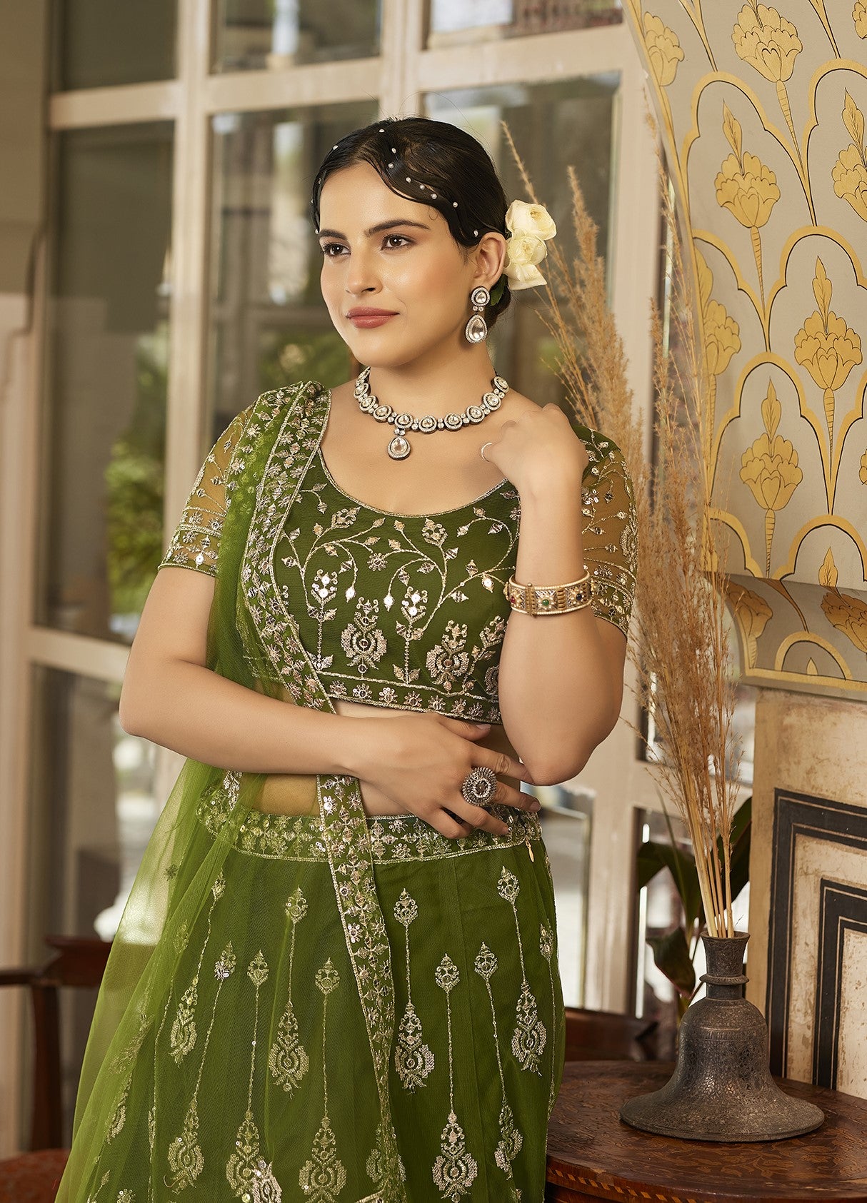 Olive Green Sequins Embroidered Net Lehenga Choli