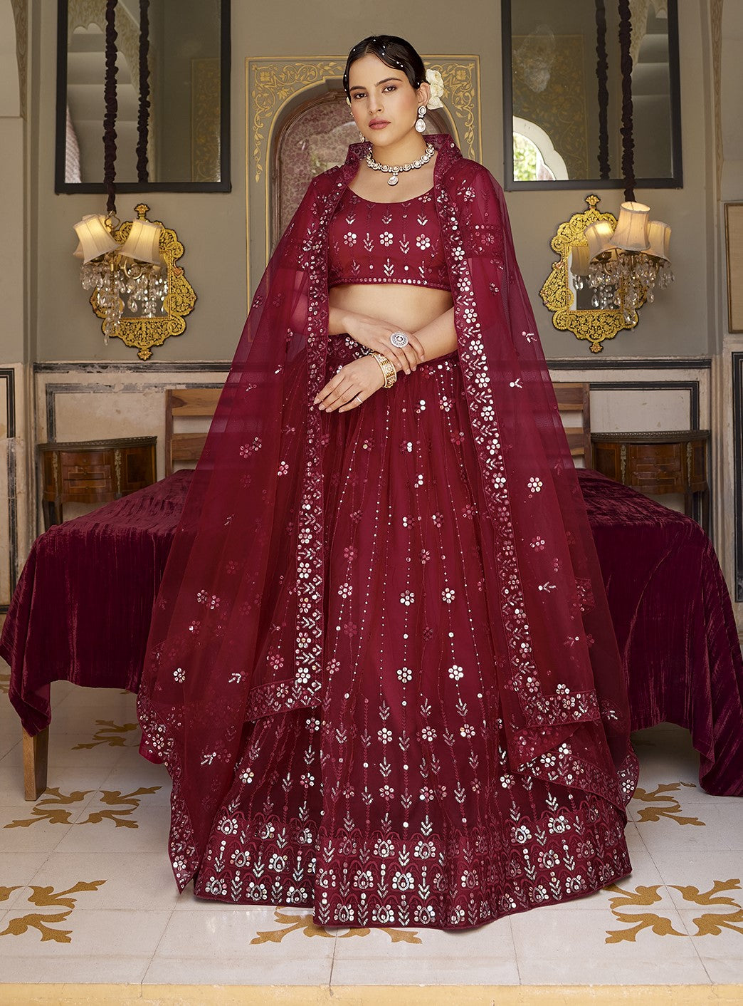 Maroon Sequins Embroidered Net Lehenga Choli