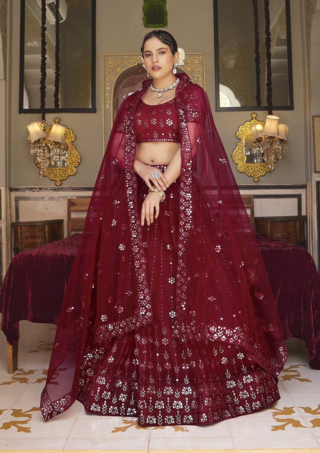 Maroon Sequins Embroidered Net Lehenga Choli