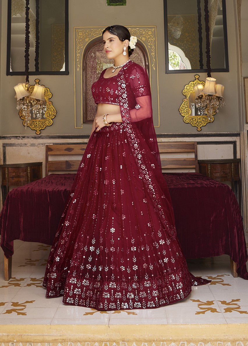 Maroon Sequins Embroidered Net Lehenga Choli