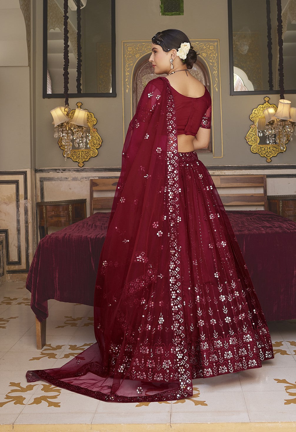 Maroon Sequins Embroidered Net Lehenga Choli