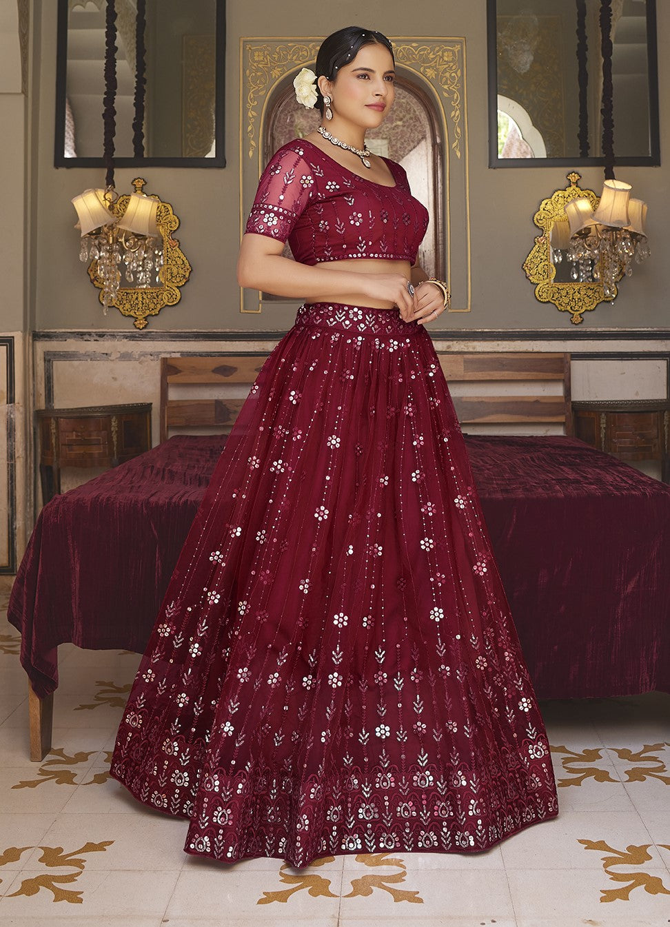 Maroon Sequins Embroidered Net Lehenga Choli