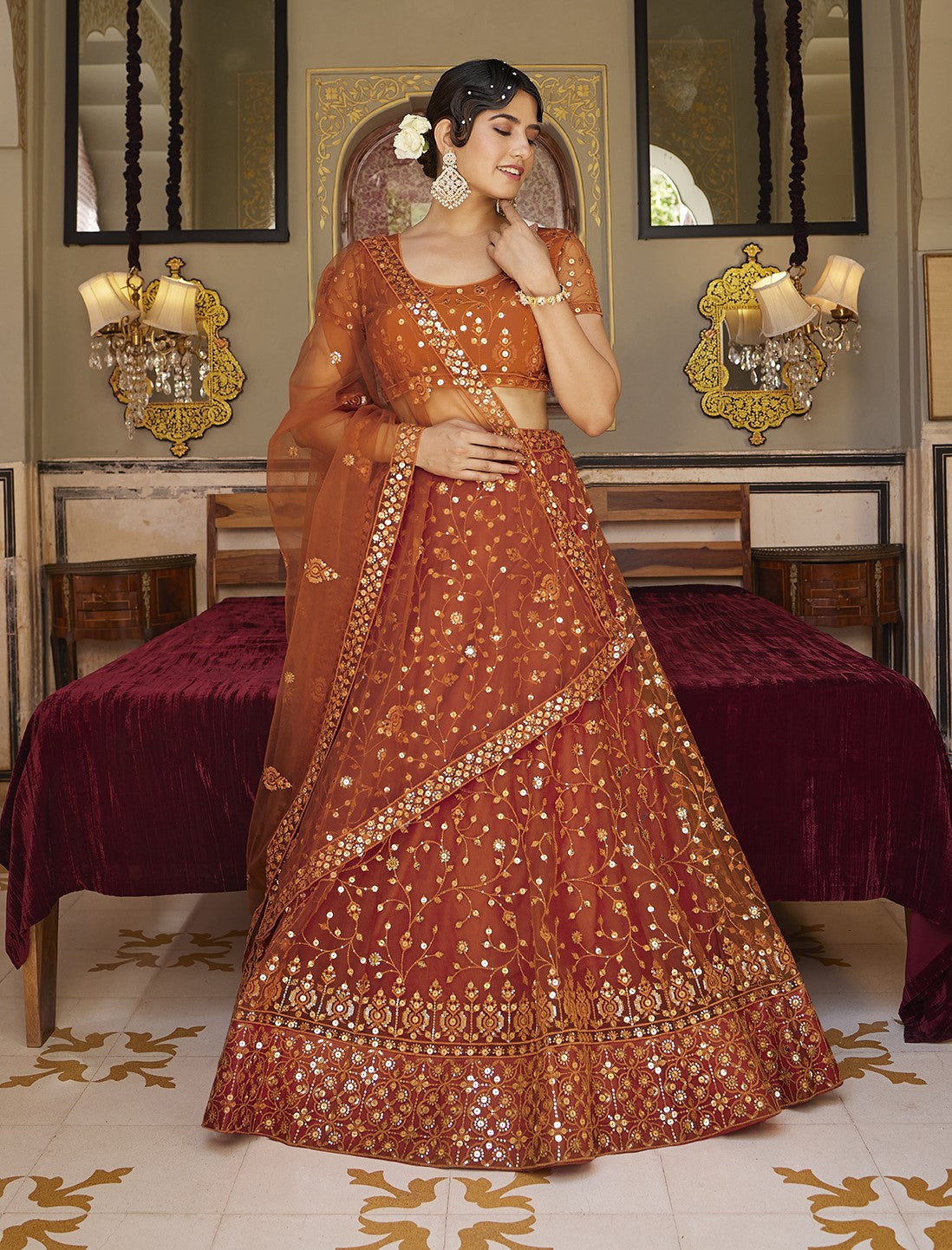 Orange Soft Net Sequins Embroidered Lehenga Choli