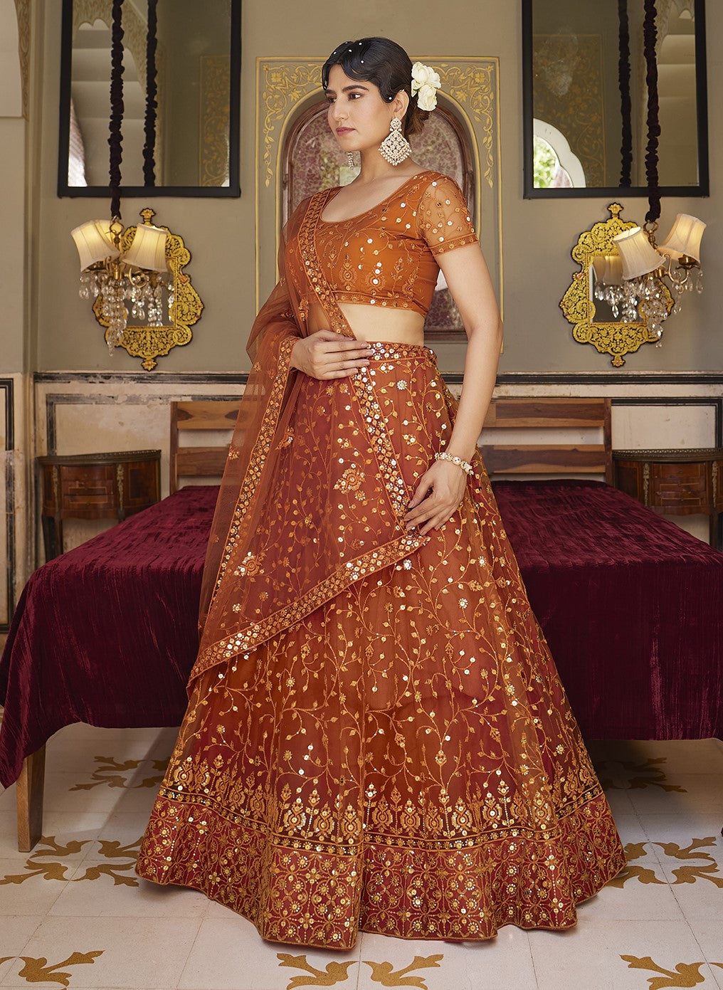 Orange Soft Net Sequins Embroidered Lehenga Choli