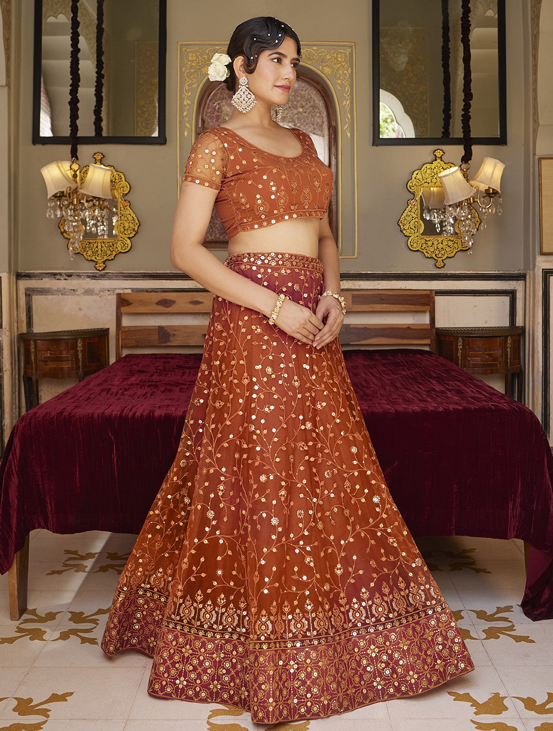 Orange Soft Net Sequins Embroidered Lehenga Choli