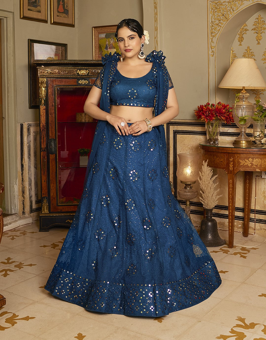 Royal Blue Sequins Embroidered Net Lehenga Choli