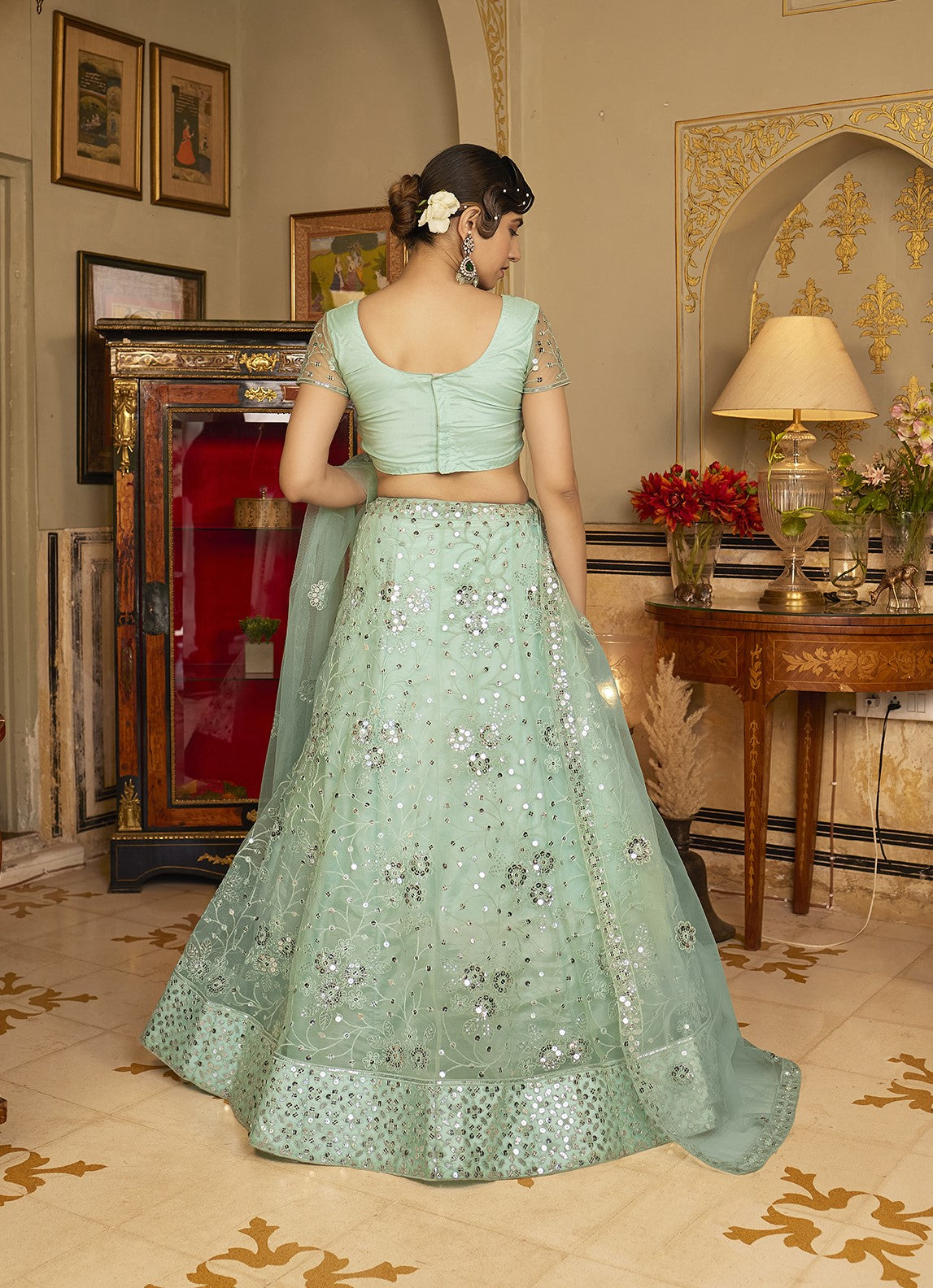 Sea Green Sequins Embroidered Net Lehenga Choli