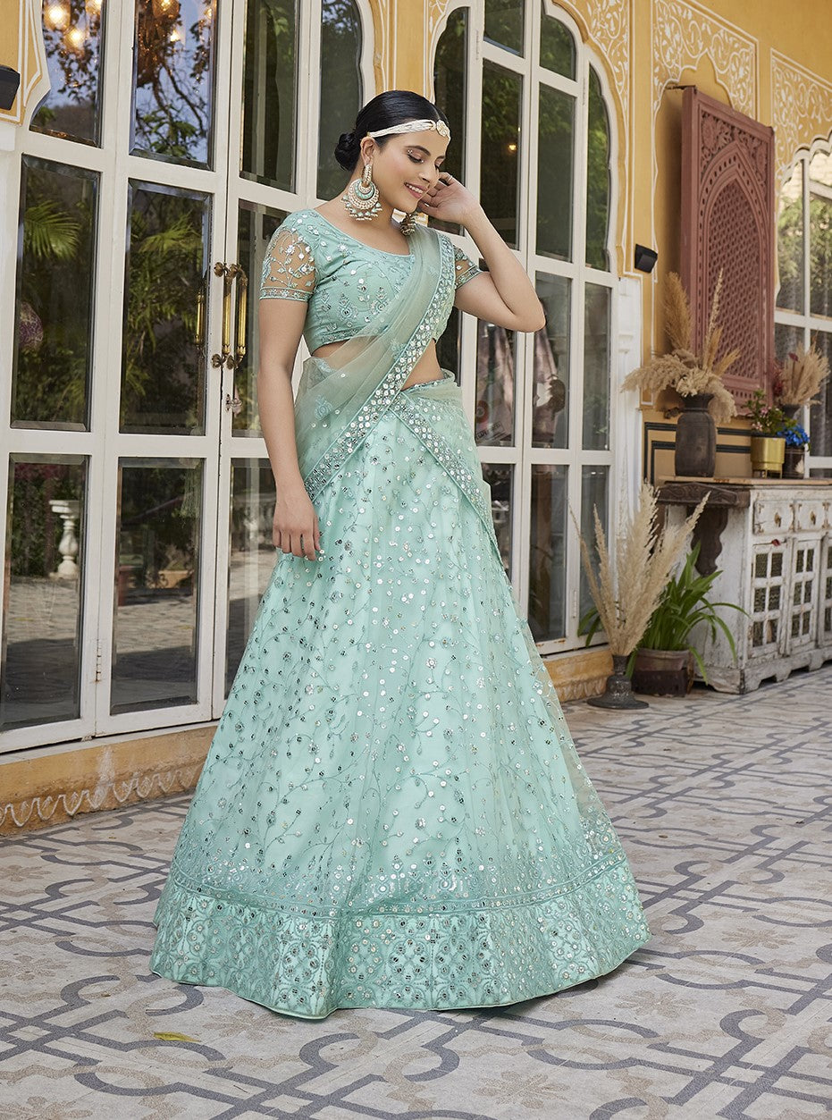 Sky Blue Soft Net Sequins Embroidered Lehenga Choli