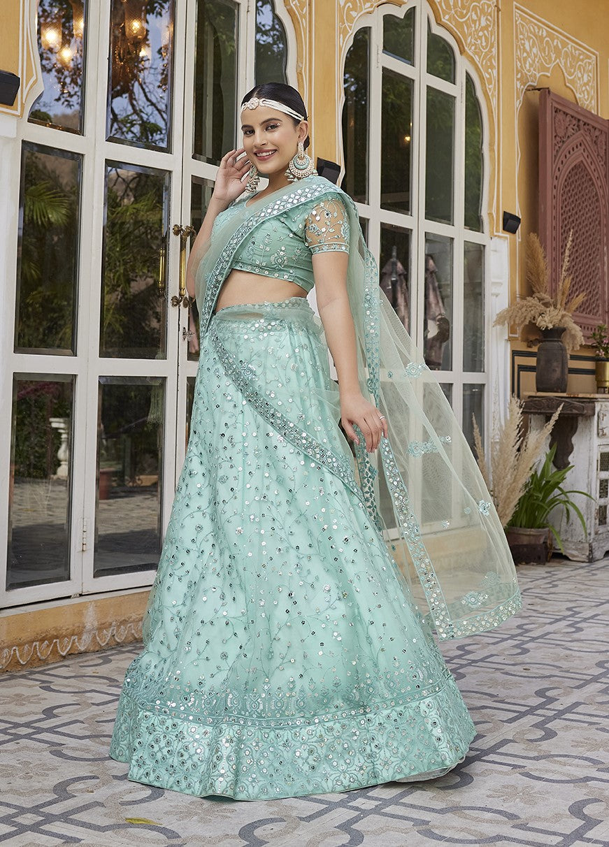 Sky Blue Soft Net Sequins Embroidered Lehenga Choli