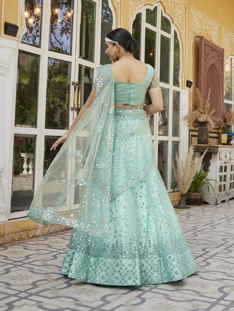 Sky Blue Soft Net Sequins Embroidered Lehenga Choli