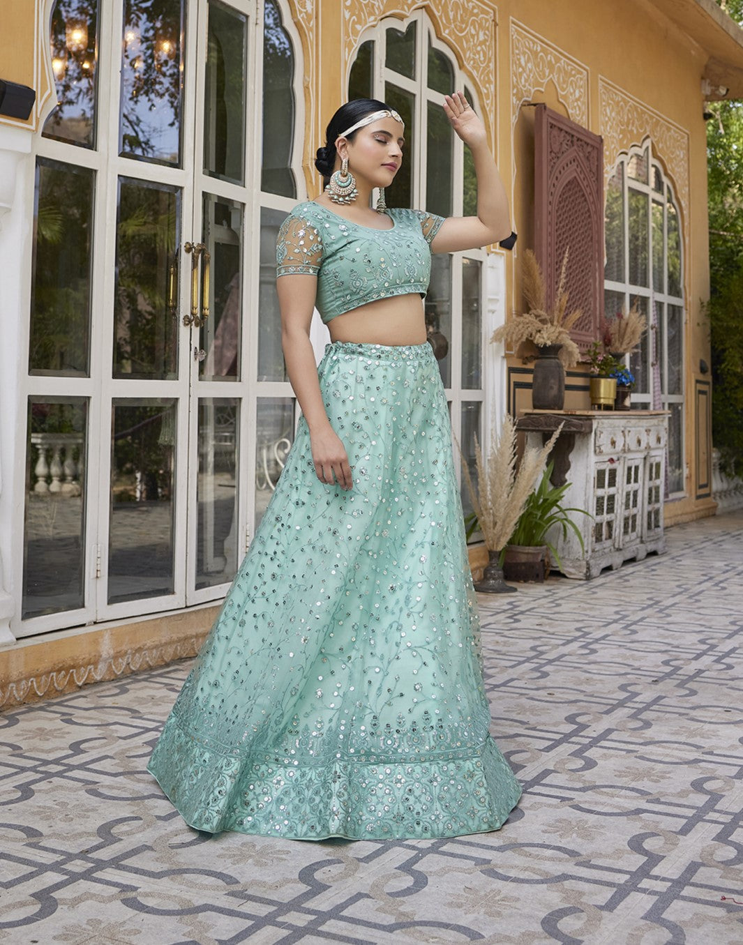 Sky Blue Soft Net Sequins Embroidered Lehenga Choli