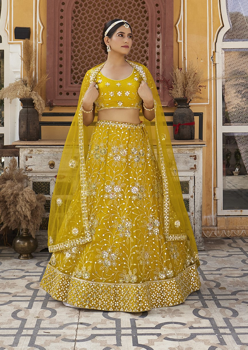 Mustard Yellow Sequins Embroidered Net Lehenga Choli