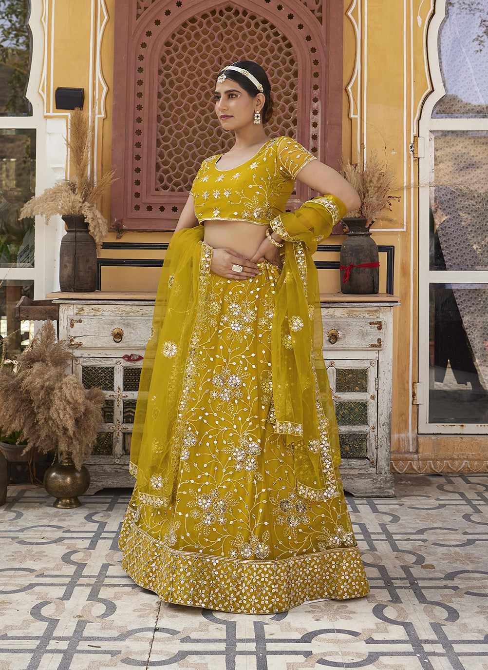 Mustard Yellow Sequins Embroidered Net Lehenga Choli