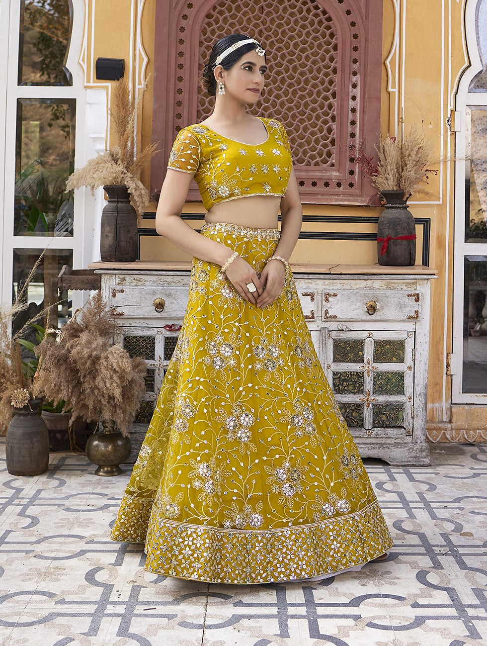 Mustard Yellow Sequins Embroidered Net Lehenga Choli