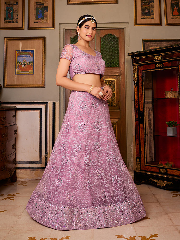 Lavender Sequins Embroidered Net Lehenga Choli