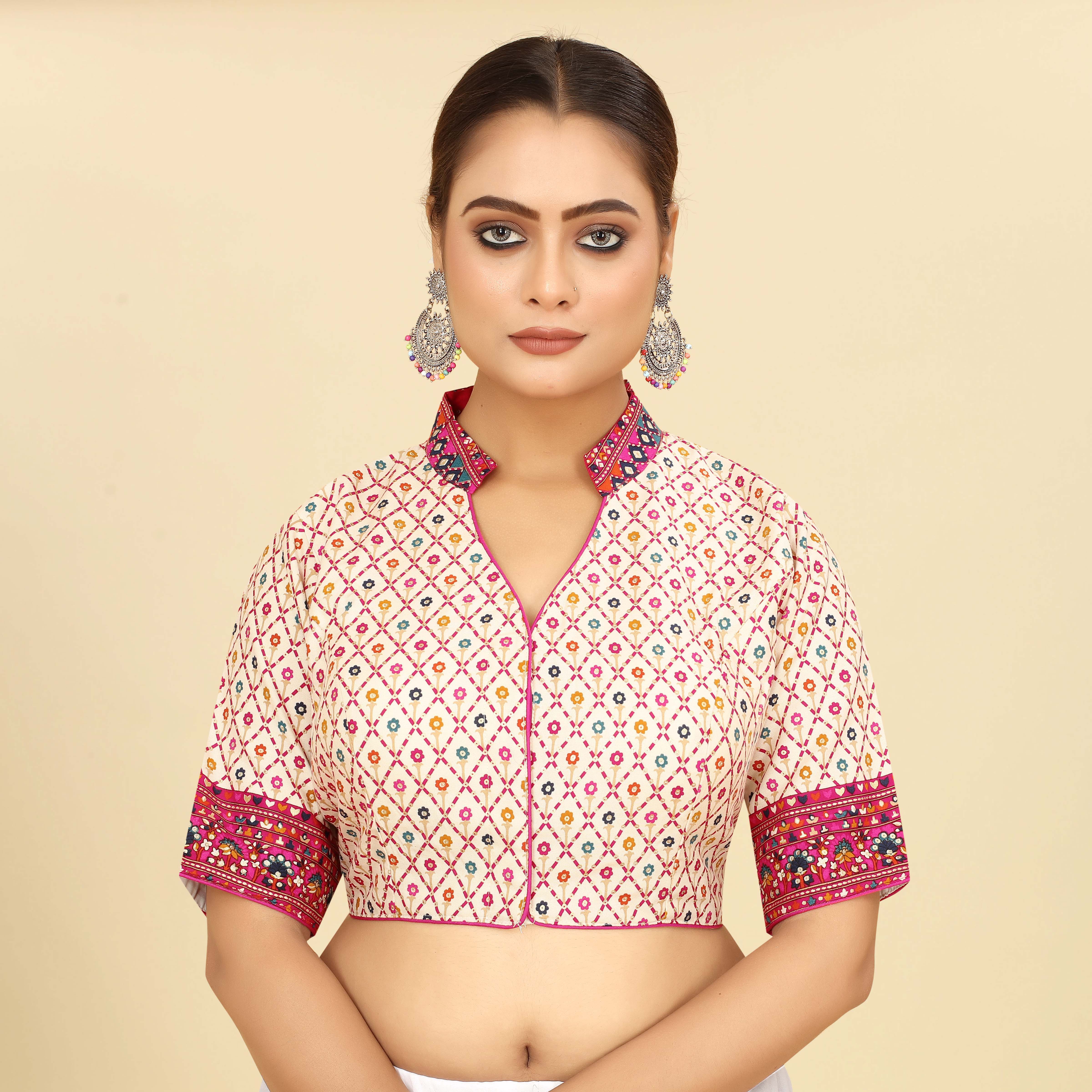 White & Pink Cotton Foil Worked Saree Blouse