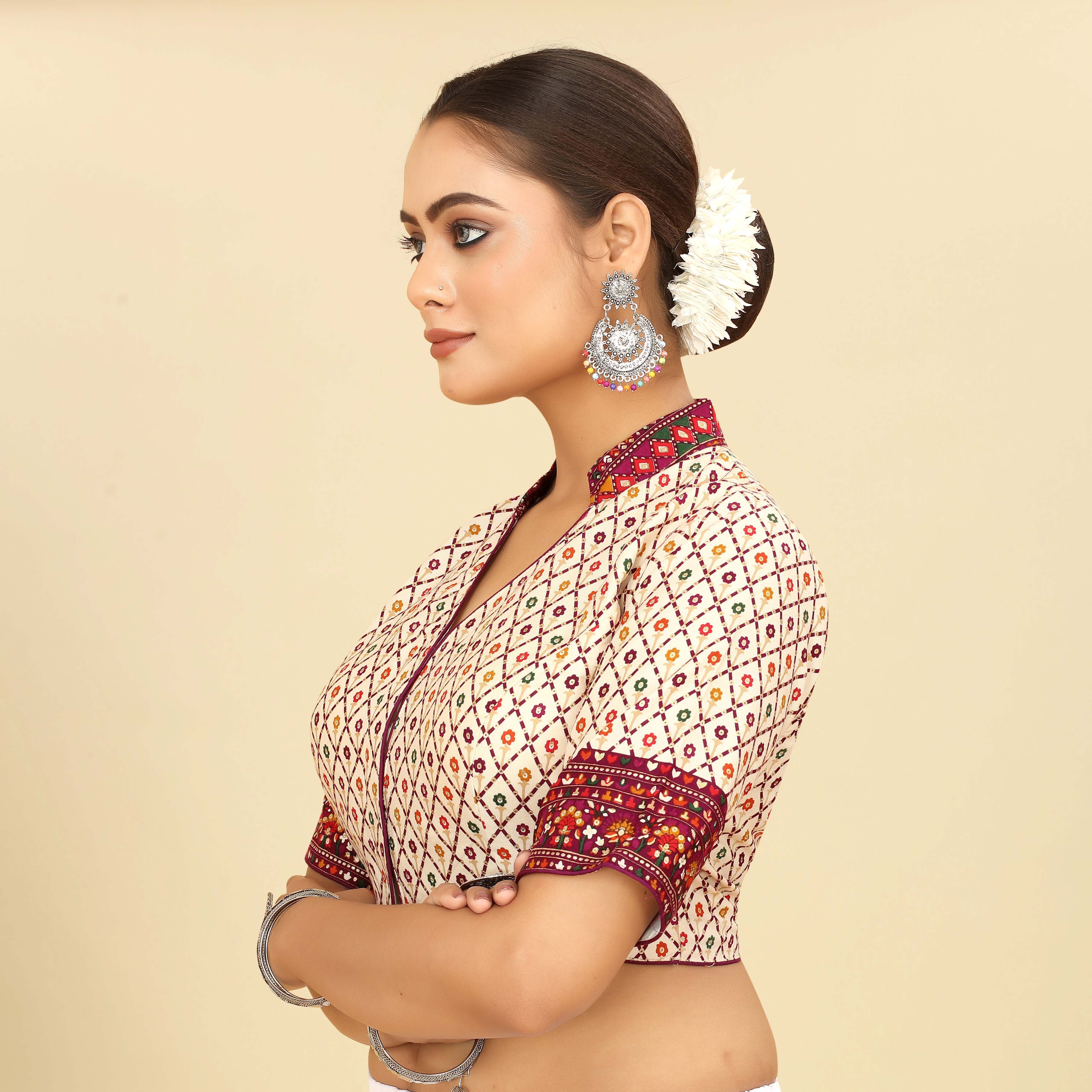 White & Maroon Cotton Foil Worked Saree Blouse