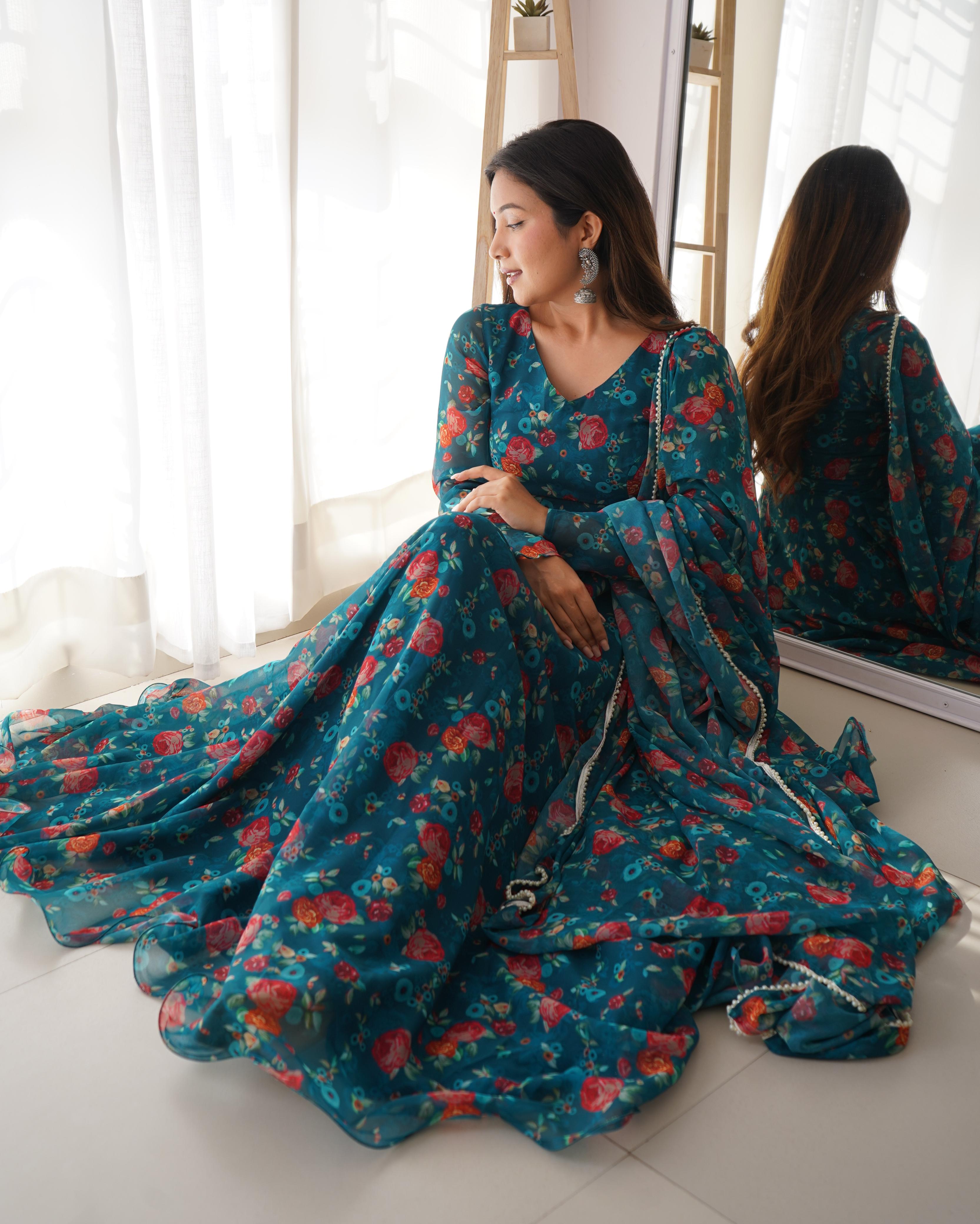 Teal Floral Printed Readymade Blended Silk Anarkali Set