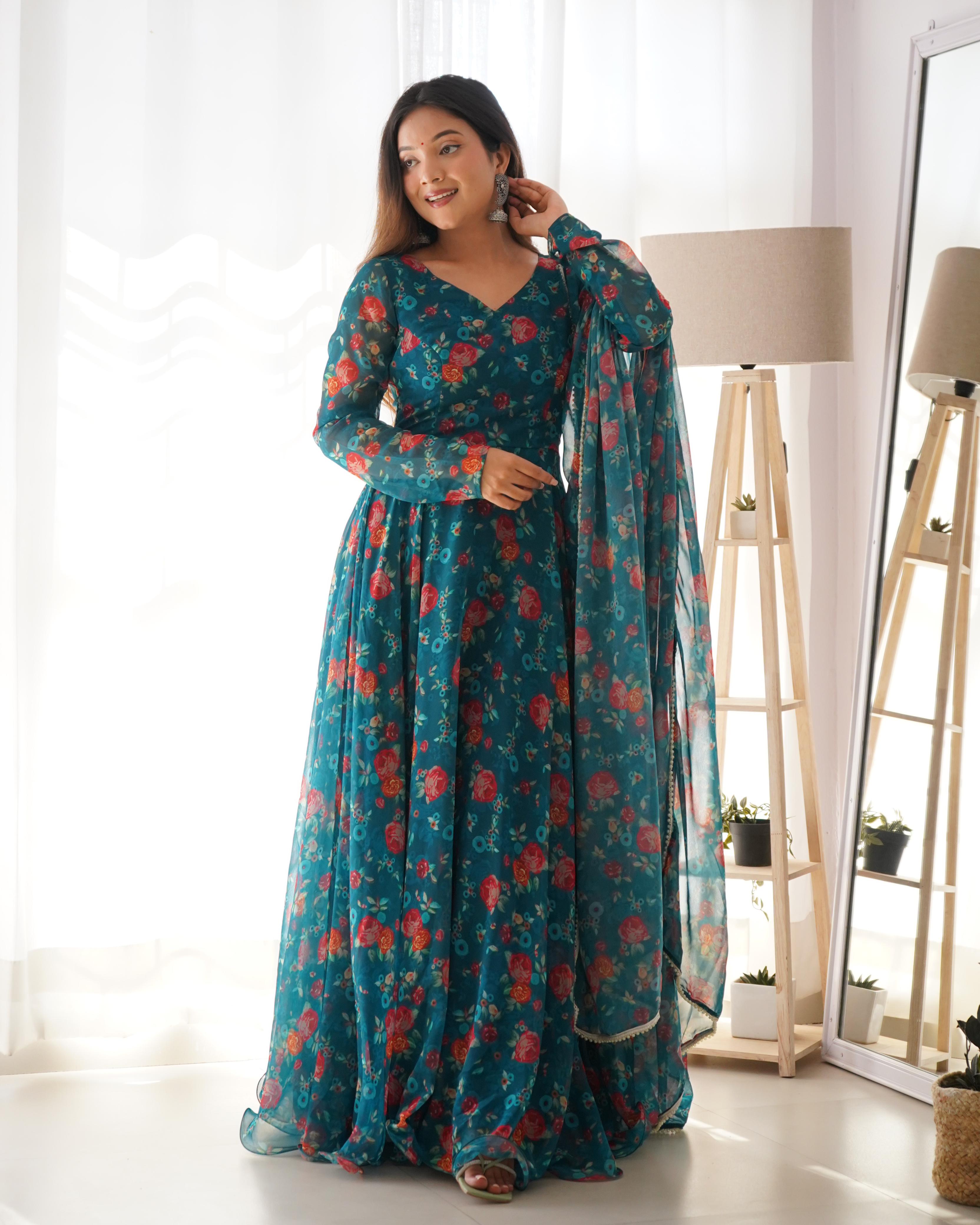 Teal Floral Printed Readymade Blended Silk Anarkali Set