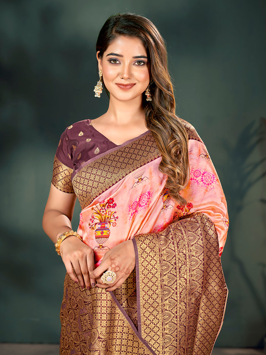 Baby Pink & Maroon Lichi Banarasi Digital Printed Saree