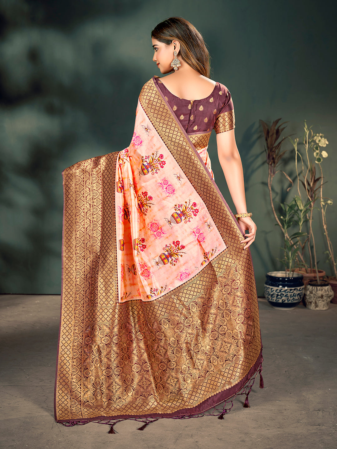 Baby Pink & Maroon Lichi Banarasi Digital Printed Saree