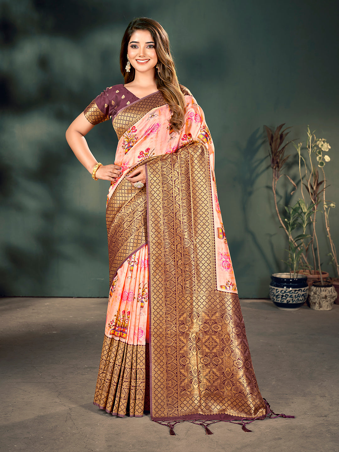 Baby Pink & Maroon Lichi Banarasi Digital Printed Saree