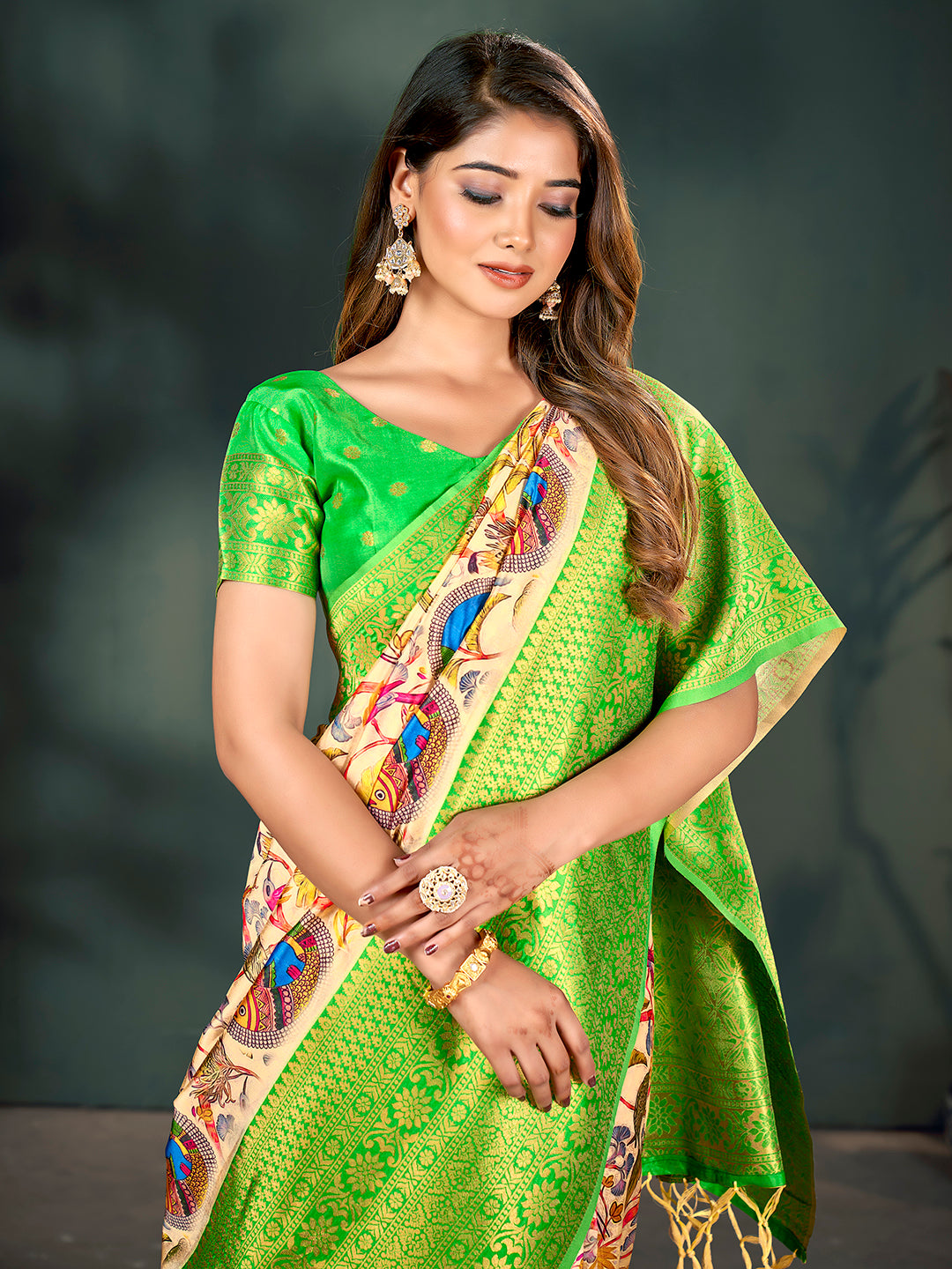 Cream & Green Lichi Banarasi Digital Printed Saree