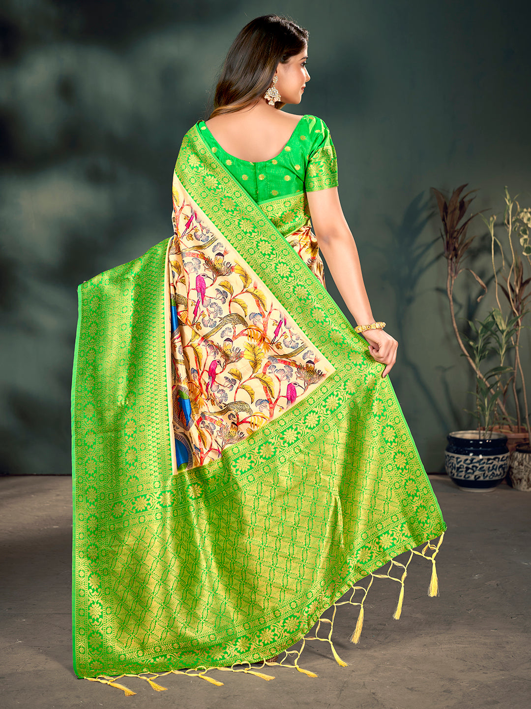 Cream & Green Lichi Banarasi Digital Printed Saree