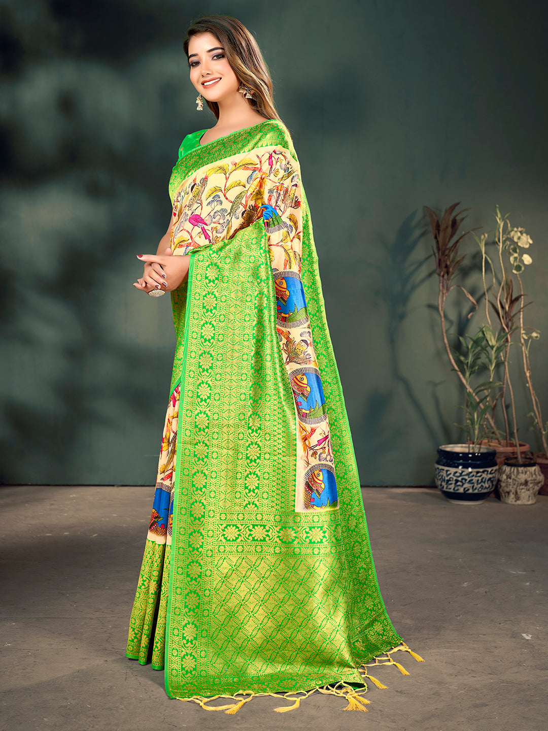 Cream & Green Lichi Banarasi Digital Printed Saree