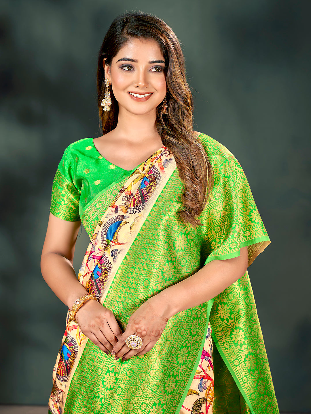 Cream & Green Lichi Banarasi Digital Printed Saree