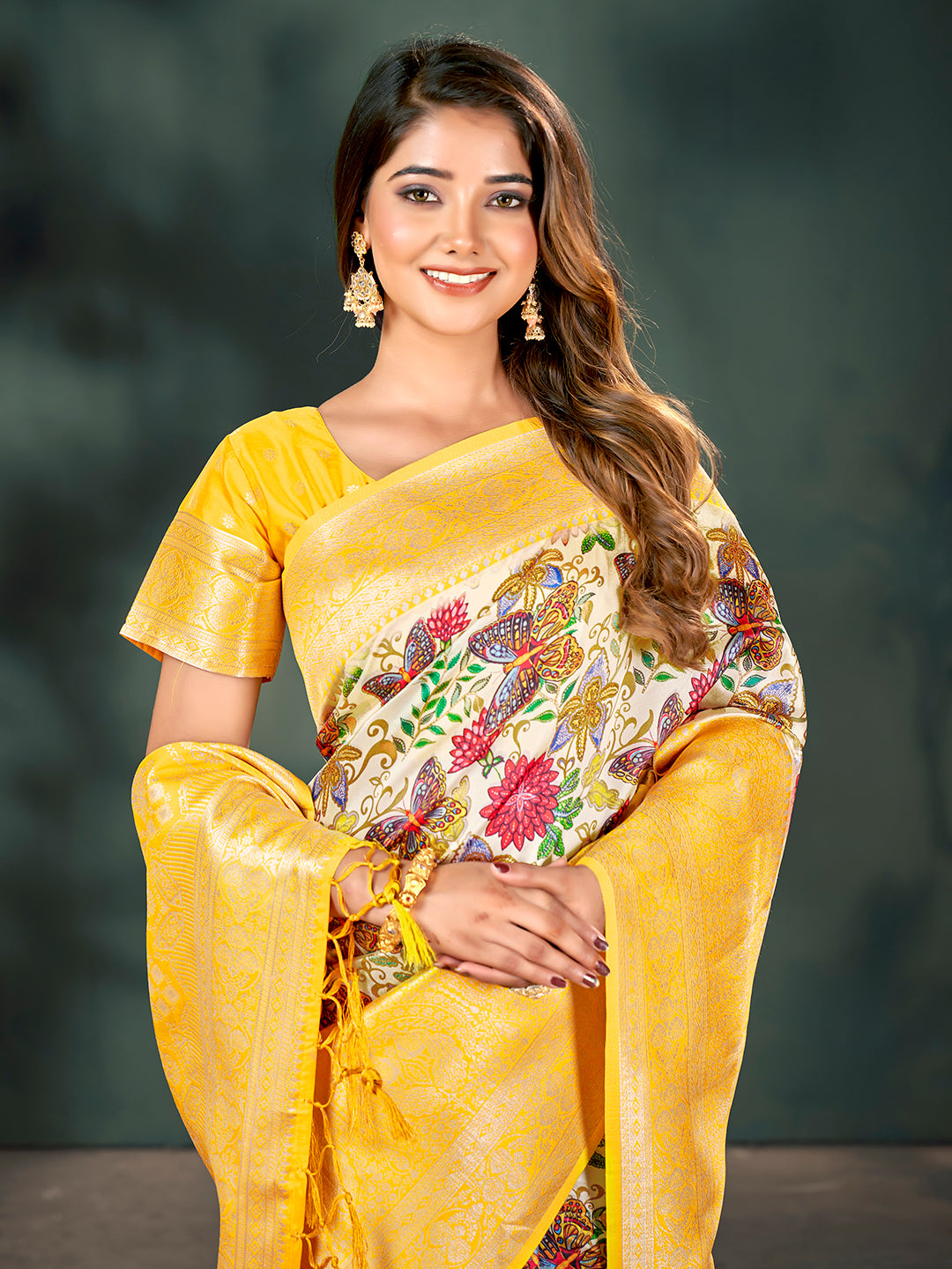 Off White & Yellow Lichi Banarasi Digital Printed Saree