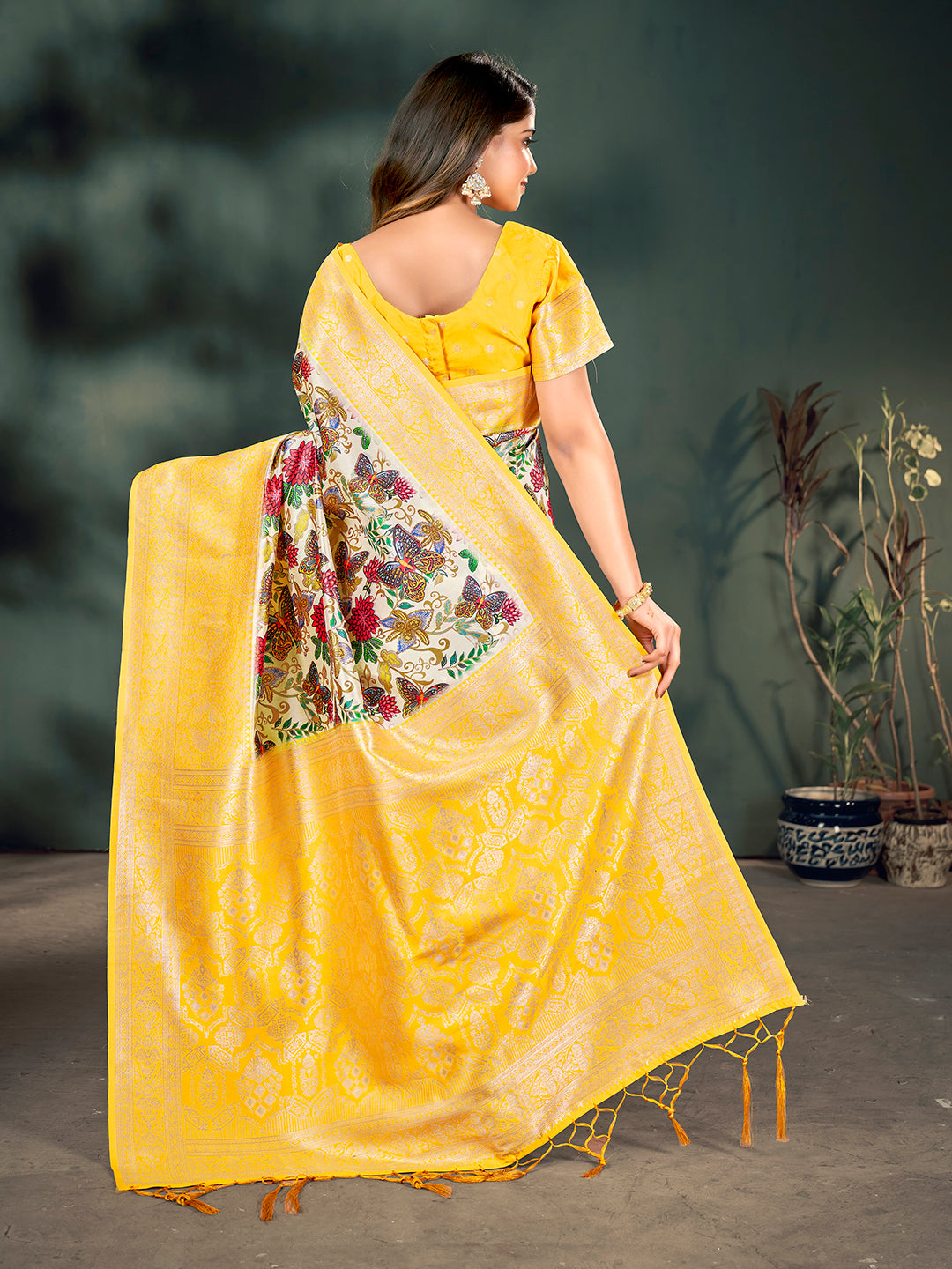 Off White & Yellow Lichi Banarasi Digital Printed Saree